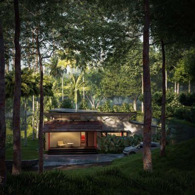 Tropical Grove
Client - Mr. Shahul Hameed
Location - Thodupuzha, Idukki, Kerala
Site area - 70 Cents
Built up area - 1,614 Sqft

The house is designed in a sustainable way with minimum impact to the nature. The main idea is to reduce the cost of the project. Moreover, locally available materials are used for the construction. Materials collected from diferent ocations are reused to reduce the cost and maintain a vernacular touch. The roofing is designed in a different way to reduce the heat gain and enhance the natural cooling in the house. The building is placed at the center of the plot to maintain the privacy. Moreover it also provides potential views to the surroundings.
#HouseDesigns #house_planning #LandscapeDesign #InteriorDesign #projectmanagement