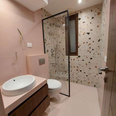 small bathroom organized with pastel color and tarazzo tiles ,its going to be complicated. Dm for more updates. thanks, 
we are professional investor designers not a contractor so please ask for design details.
 #interiordesign  #india  #indiadesign  #artwork  #architect  #Delhihome  #delhiart  #delhiinteriordesigner #noidaintreor