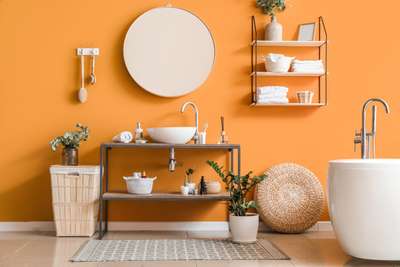 Transform your bathroom with this contemporay style design. Use wall shelves and laundry baskets for organizing, a rug to keep your space dry, and a round mirror. Add plants to get a fresh atmosphere. #interior #decor #ideas #home #interiordesign #indian #colourful #decorshopping