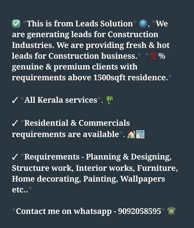 WHATSAPP NO.- 9092058595

100% Fresh & Quality leads..
Daily, Weekly & Monthly services.
All Kerala Services..

Ping me in whatsapp 

#construction #architecture #design #building #interiordesign #renovation #engineering #contractor #home #realestate #concrete #constructionlife #builder #interior #civilengineering #homedecor #architect #civil #heavyequipment #homeimprovement #house #constructionsite #homedesign #carpentry #tools #art #engineer #work #builders #photography #bhfyp #roofing #remodel #constructionworker #build #excavator #business #o #electrician #constructionequipment #project #safety #arquitectura #d #constructionmanagement #civilengineer #carpenter #steel #property #remodeling #instagood #homerenovation #plumbing #landscaping #diy #architecturephotography #architecturelovers #generalcontractor #decor #contractors #construction #work #luxury #interiordesign #bhfyp #homedecor #business #decor #diy #interior #realestate #house #building #homedesign #architecturephotograph