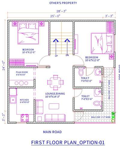 sketch plane of 28'-0"X27'-0".(2bhk)