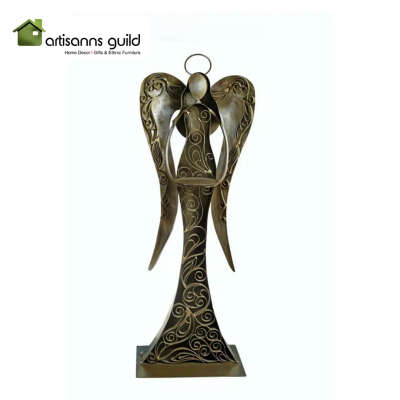 This Angel candle holder is an attractive centerpiece . A noval gift and charming articact for setting home office lobby etc .Beautifully engraved holders, arms, stem and base.