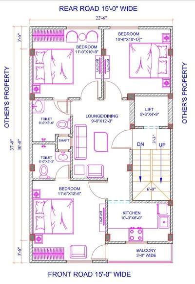 sketch plane of 23'-0"X37'-0".(3bhk)