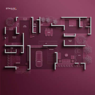 Welcome to the blueprint of bliss!
Here’s a walk-through of this beautifully zoned floor plan by @sthaayi_design_lab:

• Entrance + Living Room:
Step into a spacious living area that flows seamlessly into a cozy patio — perfect for morning chai or evening chats.

• Dining at the Heart:
A central dining space that connects the home, surrounded by green buffers and natural light.

• Dual Kitchen Magic:
An open kitchen for social cooking + a working kitchen for the real magic. Tidy, efficient, and Vastu-aligned.

• 2 Bedrooms, 3 Wash Rooms:
Private yet connected. Thoughtfully placed with attached and common washrooms for ease and comfort.

• Prayer Room:
A serene corner dedicated to mindfulness, tucked between the dining and bedroom for daily peace.

• Parking:
A covered parking bay right at the entrance — practical and protected.

• Wash Areas:
Three wash rooms strategically placed for smooth everyday flow and guest access.

Design that breathes. Function that flows.
Follow @sthaayi_desi