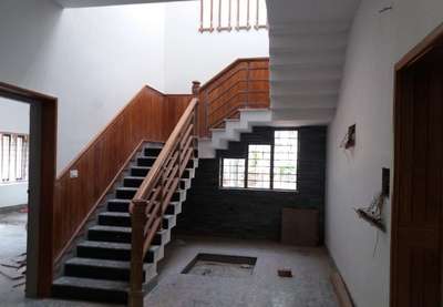 stair with teak handrail and paneling.... #StaircaseDecors #WoodenStaircase #woodenpanelling