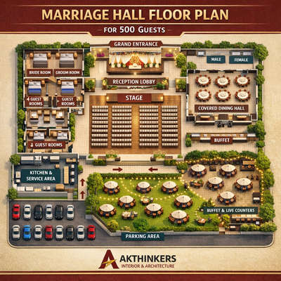 marriage hall space design idea.
open area
proper restrooms
lounge area
Covered dining hall 
chairs as per counting 
serving area.
well ventilated kitchen 
proper and open parking space #InteriorDesigner #KitchenIdeas #Designs #planner #Architect #floorplan 
#baratghar #marrigegarden #hall #banquethall