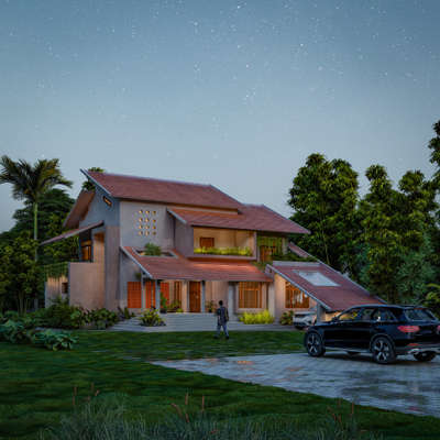 Modern comfort meets rustic charm in this 4BHK with a stylish sloped roof 🏡  #SlopingRoofHouse #3d #architecturedesigns #KeralaStyleHouse #keralastyle