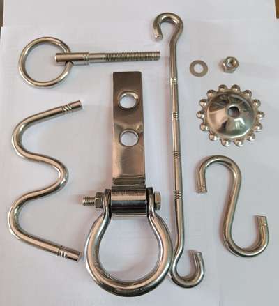 STAINLESS STEEL JHULA SET ( SWING FITTINGS)
A SET INCLUDES
1) BEARING KADA - 2 NOS
2)BOTTOM KADA - 4 NOS
3)CONNECTING ROD - 28 NOS
4)S HOOK - 4 NOS
5)W HOOK - 2NOS

 #swing  #stainless-steel #stainless  #stainleddsteelswing