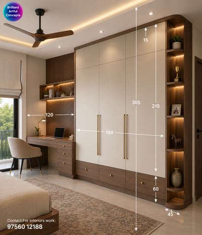 Luxury Wardrobe Design with Study Table | Modern Bedroom Interior Measurements (CM) | Space Saving Design

Description:
Looking for a smart and luxury bedroom wardrobe design with study setup? ✨

This redesigned premium bedroom concept features:
✔ Large wardrobe with practical storage
✔ Attached study table setup
✔ Open display shelves with warm LED lights
✔ Premium wood + cream finish
✔ False ceiling lighting
✔ Clean measurement layout in CM for easy execution

📏 Cutting List (Approx. in CM):
• Total Room Height: 305 CM
• Ceiling Drop: 15 CM
• Wardrobe Height: 210 CM
• Loft Height: 60 CM
• Wardrobe Width: 180 CM
• Study Table Width: 120 CM
• Side Shelf Depth: 45 CM