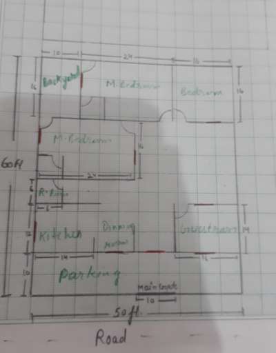 60×50 sq ft 

2 masterbedroom,1 bedroom,1 guestroom,hall ,kitchen ,parking area