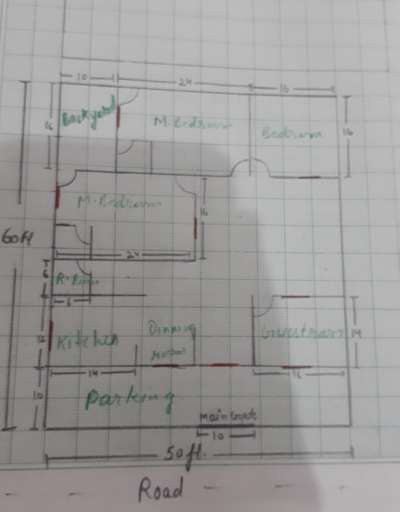60×50 sq ft 

2 masterbedroom,1 bedroom,1 guestroom,hall ,kitchen ,parking area