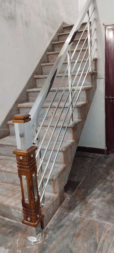 stainless steel  staircase   #StainlessSteelBalconyRailing  #wood+stainless  #SteelStaircase