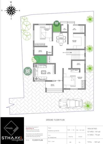 4BHK HOME PLAN 
Area Details : 1897 sq.ft
GF : 1181sq.ft
FF : 716sq.ft

*Ground Floor* 
Sitout 
Living
Dining 
Kitchen 
Work area 
2 Bedroom 2 Attached Dressing 
1 C-TOILET 

*FIRST FLOOR*
2 Bedroom 2 Attached Dressing 
BALCONY 
HALL
OPEN TERRACE