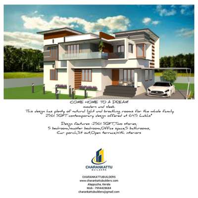 COME HOME TO A DREAM
modern and sleek. This design has plenty of natural light and breathing rooms for the whole family.
2561 SQFT contemporary design
offered at 64.5 Lakhs*

Design features
2561 SQFT
Two stories
5 bedroom
1master bedroom
Office space
5 bathrooms
Car porch
Sit out
Open terrace
With interiors

#BudgetHouse #HowToPlan #BestConstruction #BestInterior #BestArchitectInKerala #SmallHouse #VastuHouse #HowToPlanHome #kerala #ContractorAlappuzha #BestBuilder #KeralaHomes #KeralaHouse #CharankattuBuilders #LowCostHouse #ModernHomes #ModernHouse  #janfredjoy
