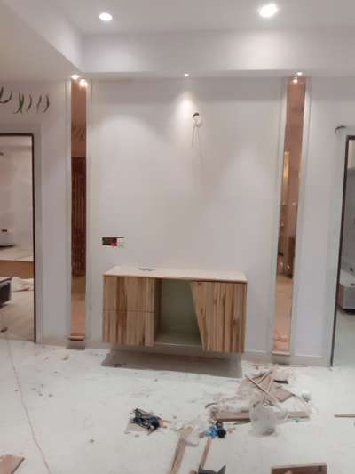 wooden vanity with wall design
