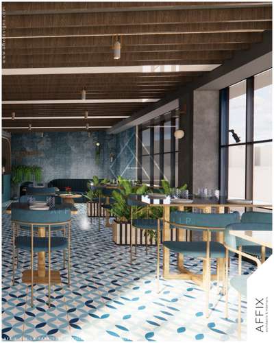 The service counter at Cafe is designed as a sophisticated focal point, featuring a curved timber-clad frontage with integrated linear LED accents that mirror the rhythmic geometry of the ceiling. This functional core is framed by deep teal fluted paneling and textured chevron-patterned walls, creating a seamless material transition that bridges the minimalist workspace with the vibrant, patterned-tile dining area. #Architect  #architecturedesigns  #Architectural&Interior  #kerala_architecture  #architecturedaily  #best_architect  #cafè  #cafeinterior  #cafeteria_rennovation