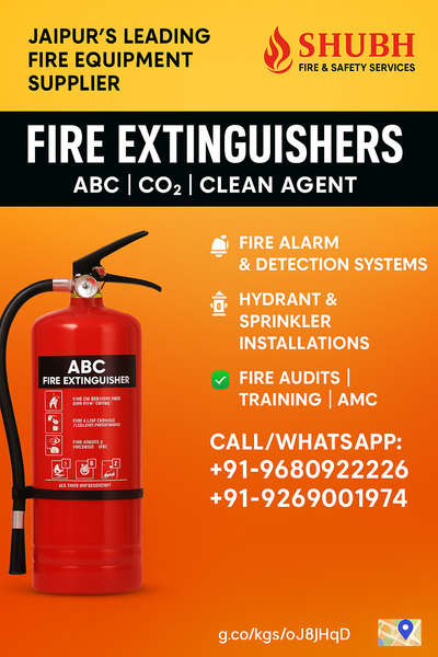 1. ABC Type Fire Extinguisher – Shubh Enterprises Jaipur

Shubh Enterprises offers premium-quality ABC Type Fire Extinguishers designed to fight Class A (solid combustibles), Class B (flammable liquids), and Class C (electrical) fires. ISI-marked and CPWD-approved, these extinguishers are safe, reliable, and easy to use. They come with a 1-year warranty and are ideal for industrial, commercial, and residential premises.

Features:

Multi-purpose – suitable for A, B & C type fires

ISI and CPWD certified

Long shelf life & low maintenance

High discharge rate for quick suppression

Applications:
Factories, Offices, Shops, Warehouses, Schools, Homes
 ABC Fire Extinguisher Jaipuvr, Fire Extinguisher Supplier Jaipur, ISI Marked Fire Extinguisher, Shubh Enterprises Fire Products
CO₂ Type Fire Extinguisher – Shubh Enterprises Jaipur

Our CO₂ Type Fire Extinguishers are ideal for fighting Class B and electrical fires. They are filled with highly pressurized carbon dioxide, which quickly disp
