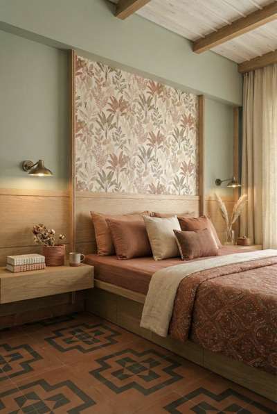 Mastering the art of pattern play. We transformed this bedroom by pairing soft botanical wallpapers with bold geometric floor tiles, grounded by warm oak wood finishes. The terracotta bedding adds that perfect pop of earthiness to complete the sanctuary vibe.
.
.
#InteriorDesign #BedroomDecor #PatternPlay #Terracotta #EarthyTones #BedroomDesign #HomeRenovation #custominteriors #CozyBedroom #BedroomGoals #DreamHome #InteriorStyling #RusticModern #BedroomVibes #BedroomInspo #InteriorArchitecture #HomeDesign #DesignDetails #ModernBedroom #woodwork