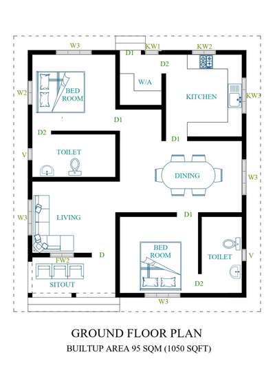 1050 sqft 2BHK House Plan  #2BHKHouse  #KeralaStyleHouse  #houseplan  #vastuplan #1000SqftHouse  #below1200sqft #residentialplan