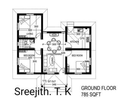 785 Sqft ൽ  നിർമ്മിക്കാവുന്ന 3 ബെഡ് റൂം വീടിന്റെ പ്ലാൻ.