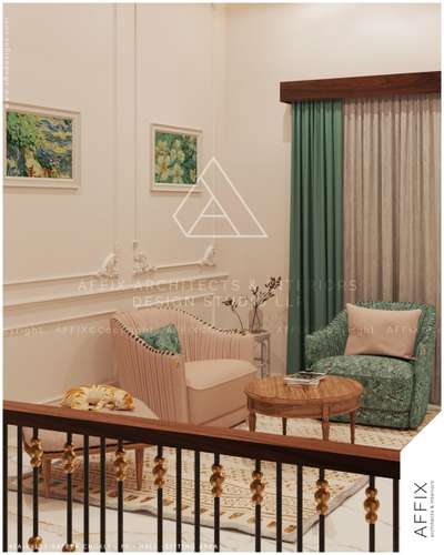 "Balancing harmony and style in this refined sitting nook. The gentle curves of the furniture, complemented by the textured green and peach palette, add depth and charm. Wall moldings and artwork add an architectural grace that truly transforms this space into a cozy retreat for reflection and relaxation." #architecturedesigns  #Architect  #Architectural&Interior  #architecturekerala  #best_architect