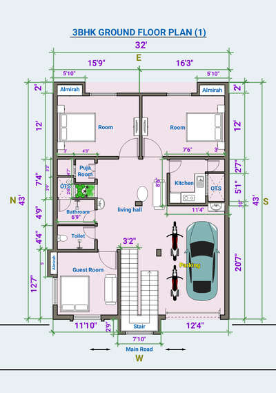 3BHK GROUND FLOOR PLAN 2D