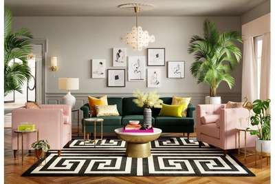 Get this trendy living room by investing in green and pink sofas, a geometric carpet, a designer coffee table, and beautiful lights. The lush diversity of green foliage adds life to the room and can even help further your design aesthetic. #interior  #decor  #ideas  #home  #interiordesign  #indian  #colourful #decorshopping