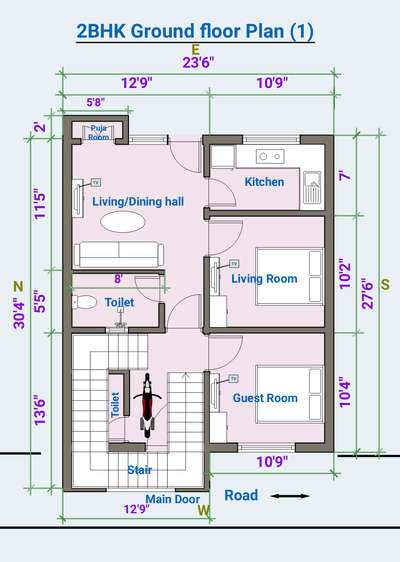 2BHK HOUSE PLAN Area (27.6/23.6')