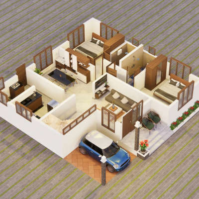 cut section view of 2000 sqft 4 bedroom house plan. #3Dfloorplans #cutsection #4BHKPlans