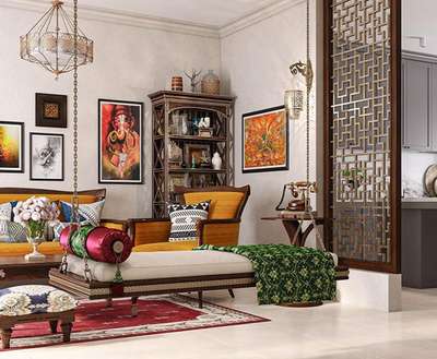 Get this living room that looks like a potpourri of culture. Vibrant hues, generous use of wood, traditional decor and a swing that adds the desi drama to the space. Add spiritual paintings, traditional carpet and antique telephone piece to complete the look.
#interior #decor #ideas #home #interiordesign #indian #colourful #decorshopping