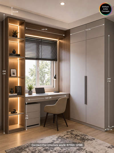 Luxury Wardrobe Design with Study Table | Modern Bedroom Interior Measurements (CM) | Space Saving Design

Description:
Looking for a smart and luxury bedroom wardrobe design with study setup? ✨

This redesigned premium bedroom concept features:
✔ Large wardrobe with practical storage
✔ Attached study table setup
✔ Open display shelves with warm LED lights
✔ Premium wood + cream finish
✔ False ceiling lighting
✔ Clean measurement layout in CM for easy execution

📏 Cutting List (Approx. in CM):
• Total Room Height: 305 CM
• Ceiling Drop: 15 CM
• Wardrobe Height: 210 CM
• Loft Height: 60 CM
• Wardrobe Width: 180 CM
• Study Table Width: 120 CM
• Side Shelf Depth: 45 CM