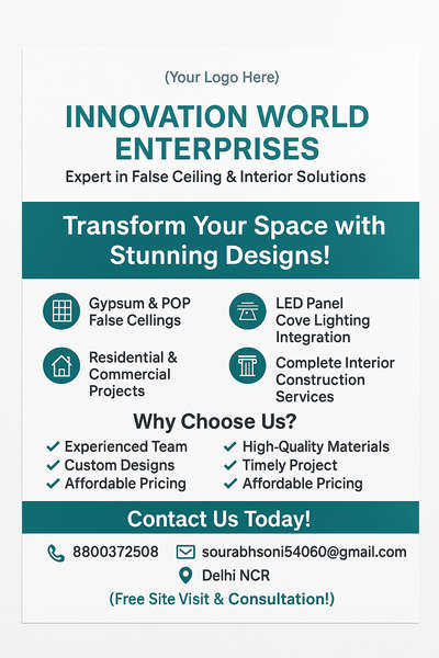 “Transform your space with INNOVATION WORLD ENTERPRISES!
We specialize in stunning false ceiling designs, LED lighting integration, and complete interior construction services for homes and businesses.
Get in touch today for a free site visit and consultation!
✨ Quality Work | ✨ Custom Designs | ✨ Affordable Prices


#FalseCeiling #InteriorDesign #InnovationWorldEnterprises #HomeRenovation #GypsumCeiling #POPDesign #DelhiNCR #LightingDesign #moderninteriors