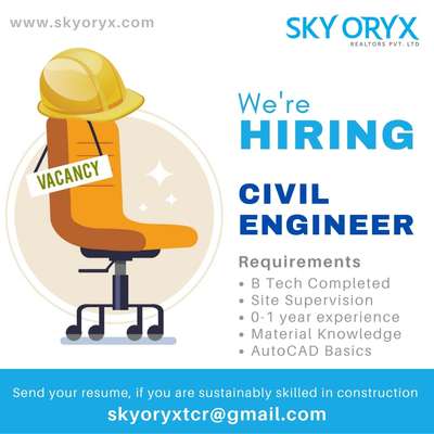 Join our team, if you're skilled in construction.
#hiring #civilengineer

Location : Thrissur

Requirements:
📌 BTech
📌 AutoCAD
📌 0-1 Year Experience
📌 Material Knowledge
📌 Site Supervision

Send your detailed resume to skyoryxtcr@gmail.com

#jobalert #job #civiljobs #wanted #skyoryx #builders