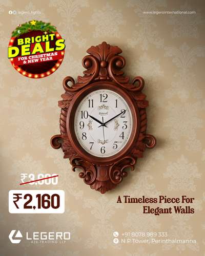 A timeless wall clock that adds elegance to any space.

Now available at a festive offer price of ₹2,160 — a perfect blend of style, value, and classic charm.

 #LegeroLights#BrightDeals
#ChristmasNewYearOffer