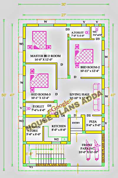 27'×47' 2D House Plan with parking| 3BHK East Facing Floor Plan #3BHKPlans #SmallHomePlans  #FloorPlans #houseplansadda