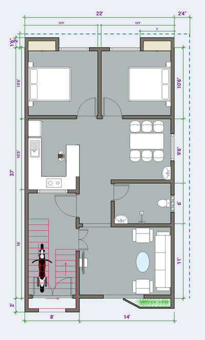 2BHK HOUSE FLOOR PLAN LAYOUT 2D WITH DRAWING ROOM