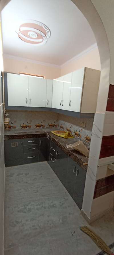 modular kitchen
with white and grey finish