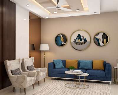 This contemporary style living room gives a simple and comfortable vibe with the 3-seater blue sofa, cushions in both warm and cool colours, round marble coffee table and a floor lamp with brass stand. The round picture frame with sand brown paint, adds depth to the room. #interior #decor #ideas #home #interiordesign #indian #colourful #decorshopping