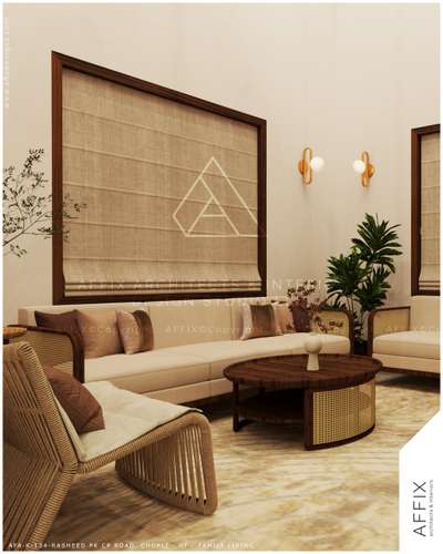 This family living room uses a tall vaulted ceiling and a textured accent wall to create a grand feel. Large windows with fabric blinds and gold wall lights keep the space bright. Rattan furniture and wooden details add a natural, modern touch. These features make the room look fancy but feel very warm and relaxed. It is an open area that is both stylish and comfortable. #Architect  #architecturedesigns  #Architectural&Interior  #kerala_architecture  #best_architect