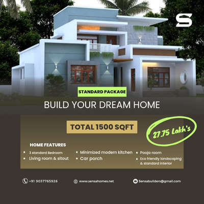 Due to higher requirements we are now undertaking "Standard package homes" sqft Starting From ₹1,850.using with 100% Branded products from famous brands cos we are currently doing luxury homes...for more details contact us. Thank you☘️

#sensahomes #budgethomeplan #standardhome #home