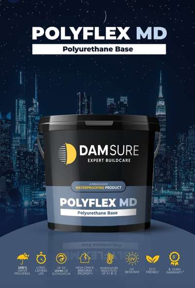 *Polyflex MD*
This is our economic range product in PU weather proofing coating. This treatment comprises of 6 layers (3 coat primer with 45 GSM Fibre mesh & 100 GSM Recron mat + 3 coats of PU). This treatment is used in Roofs, Terraces, Balconies etc where you have issues like cracks, leaks, dampness, heat etc. We give you 10 years (5 years product + service & after that 5 years service) warranty for this product.