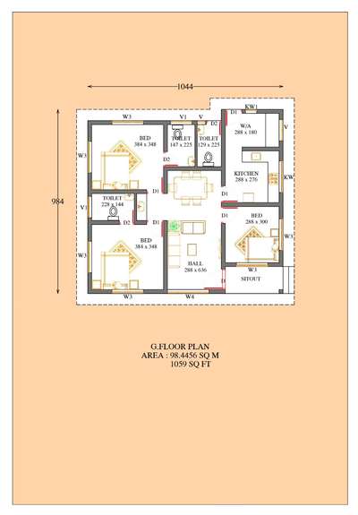 south facing house plan.....1059 sqft...with 3 bed room..... 2 attached bed room.....$$#$#