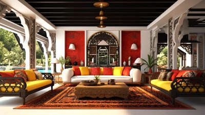An ethnic lounge area with gold and yellow accents, intricate ceiling designs,dark white and red rendered Goa-inspired motifs in the style of vernacular architecture.
Architectura:@yahviinnovations
 #architecturedesigns  #Architect  #Architectural&Interior  #architectural 3d #archilovers  #architectural visualization