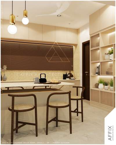 A warm and refined pantry kitchen designed with soft neutral tones and natural textures. Fluted cabinetry, light terrazzo surfaces, and cane-detailed seating create a balanced material palette. Pendant lights with warm glow, integrated shelf lighting, and wooden blinds add depth and ambience, resulting in a functional yet inviting space with understated elegance. #Architect  #architecturedesigns  #Architectural&Interior  #architectsinkerala  #best_architect  #ModularKitchen