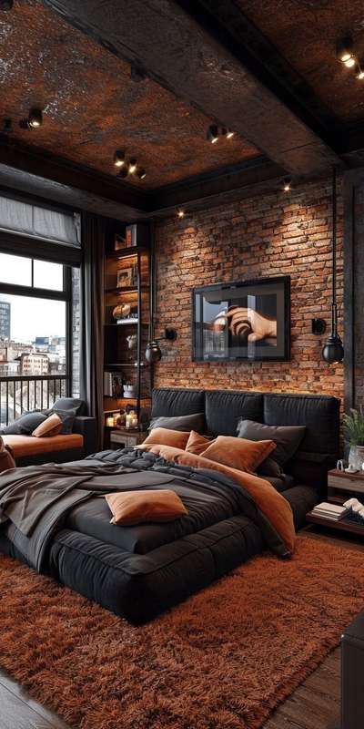 #BedroomDecor  #darkbedroom  #darkthemedesign  #InteriorDesigner  #homeinteriordesign  #bricktexture  #rusticdecor  #LUXURY_INTERIOR