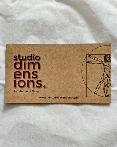 "Not just a regular Card"

Proud to share the visiting card of studio dimensions, crafted with sustainability at its core. Every design choice reflects my values as an architect - thoughtful, minimal, and environmentally conscious.

Recycled Kraft Paper (300 GSM) Printed on sturdy recycled paper that avoids glossy, plastic-coated finishes and reduces waste.

Minimal Ink, Maximum Impact
A simple palette and clean illustration reduce ink usage while keeping the design timeless.

Durable by Design
The textured, strong card stock gives it a longer life, cutting down on the need for reprints.

A Symbol of Balance Featuring the Vitruvian Man to represent harmony, proportion, and a connection with nature - reflecting my eco-sensitive approach to architecture.

Minimalist & Meaningful
A compact, clutter-free layout that embraces the "less is more" philosophy.

Sustainable, functional, and intentional - just like the spaces I design.

#EcoDesign #sustainablearchitecture #visitingcard