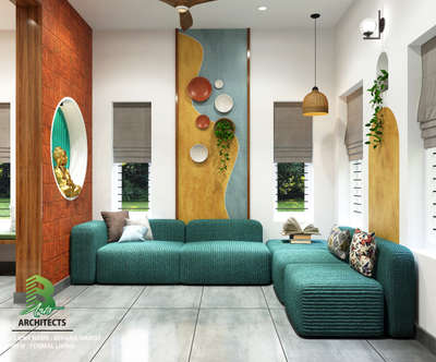 Formal living room with teal L-shaped sofa, golden arched accent, windows overlooking green lawn, TV & stylish decor ✨”
 

Client : Rehana Manoj
Area : Living Area