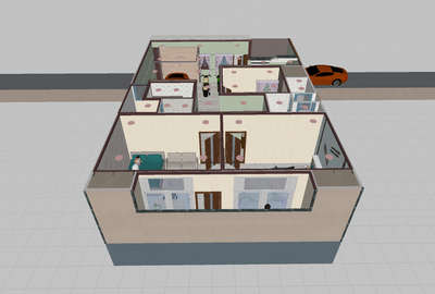 3D view 3 BHK back portion.