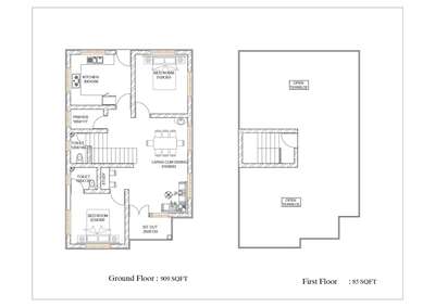 ground floor:909sqft
first floor :85sqft
total 994sqft
2bhk
name:nabeesa
place: Malappuram 
 #2BHKHouse  #2DPlans  #below1000sqft