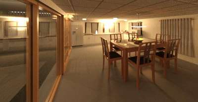 Kitchen with dining with glazed wall to central courtyard